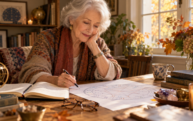 Older woman doing an astrology chart